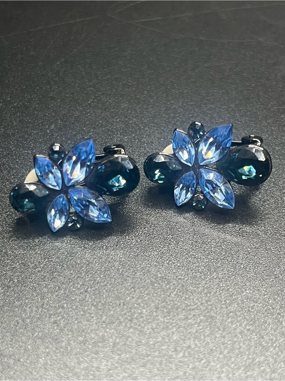 Givenchy Blue Rhinestone Floral vintage Clip On Earrings Signed